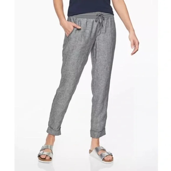Athleta Bali Linen Wide Leg Pants Gray Pull On Elastic Waist Pockets Size 0 - Picture 1 of 9
